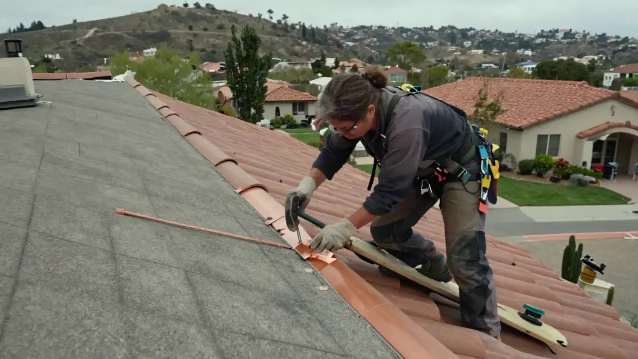 Flashing & Valley Repair in Laguna Niguel, California: tile roofer meticulously installing a new pre-formed copper valley