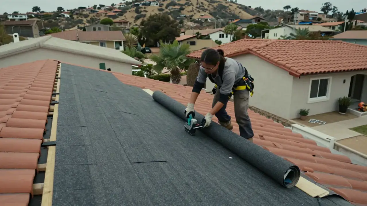 Underlayment Replacement in Laguna Niguel, California: tile roofer rolling out a large section of new synthetic underlayment